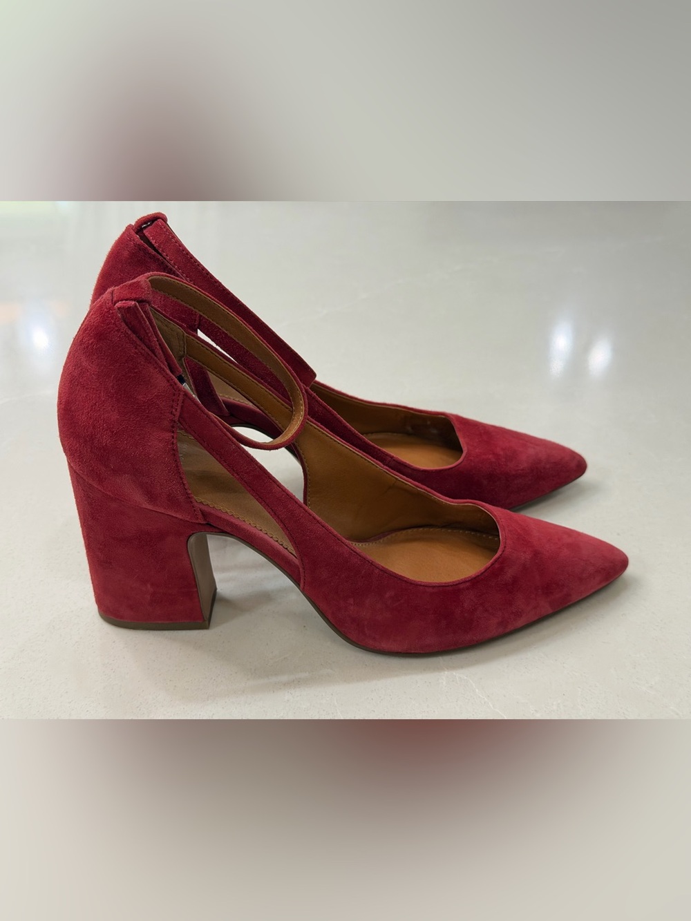 Sarto by Franco Sarto Kalindi Red Suede Block Heel Ankle Strap Pumps Size 8M